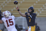 California quarterback Chase Garbers throws a pass against Stanford during the first half of an NCAA college football game Friday, Nov. 27, 2020, in Berkeley, Calif. (AP Photo/Jed Jacobsohn)