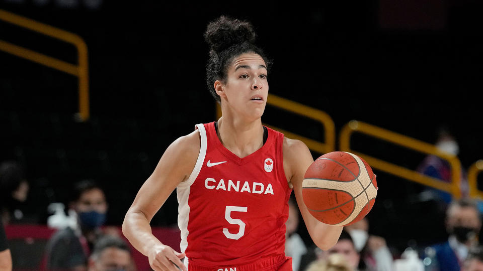 Canada's Kia Nurse brings the ball up the court during Olympic action in Tokyo. (AP Photo/Eric Gay)