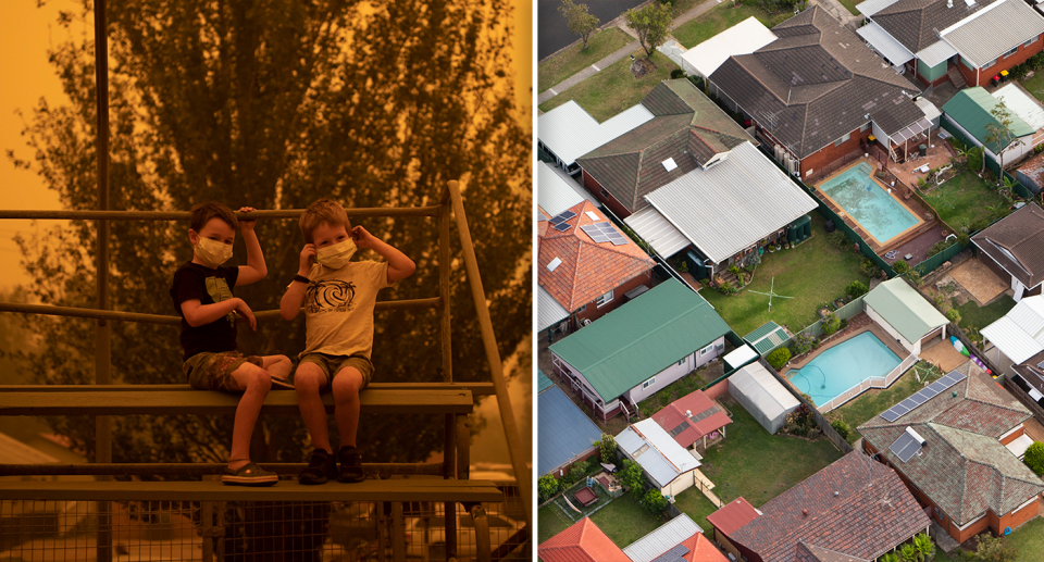 Left - two children sitting on bleachers amid bushfire smoke. Right - Australian houses from above.