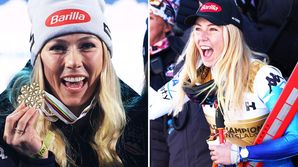 Mikaela Shiffrin, pictured here after becoming most decorated athlete in skiing world championships history.