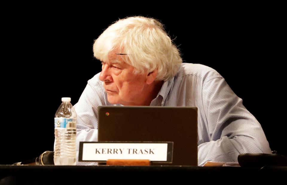 Manitowoc School Board member Kerry Trask waits for the school board meeting to begin at Manitowoc Lincoln High School, Tuesday, August 10, 2021, in Manitowoc, Wis.