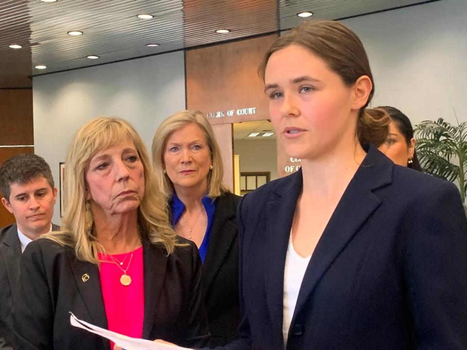 Taylor Shelton, who lives in the lowcountry, speaks to reporters at the Richland County Courthouse on Thursday, May 2, 2024, about how she had to travel to North Carolina to have an abortion because she could not schedule an appointment in time to have an abortion in South Carolina.