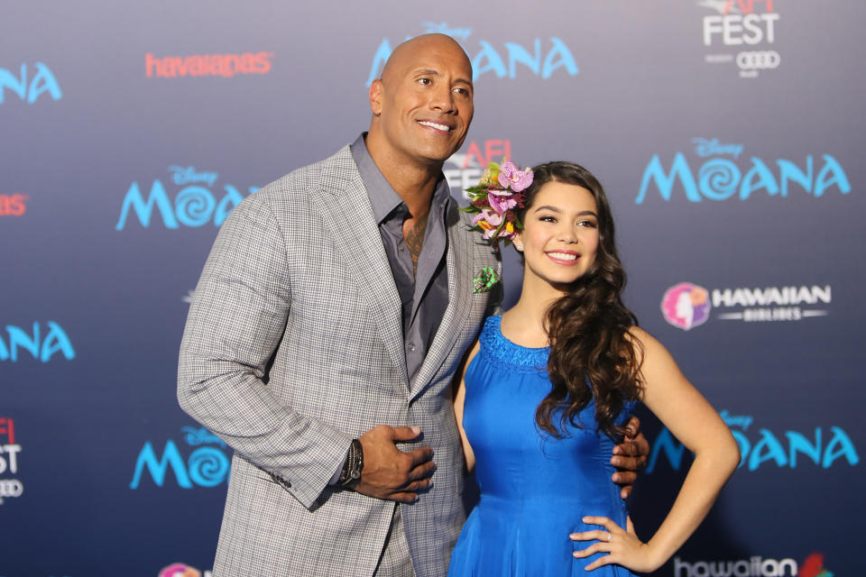 HOLLYWOOD, CA - NOVEMBER 14:  Dwayne Johnson and Auli'i Cravalho  arrive at the AFI FEST 2016 presented by Audi premiere of Disney's 