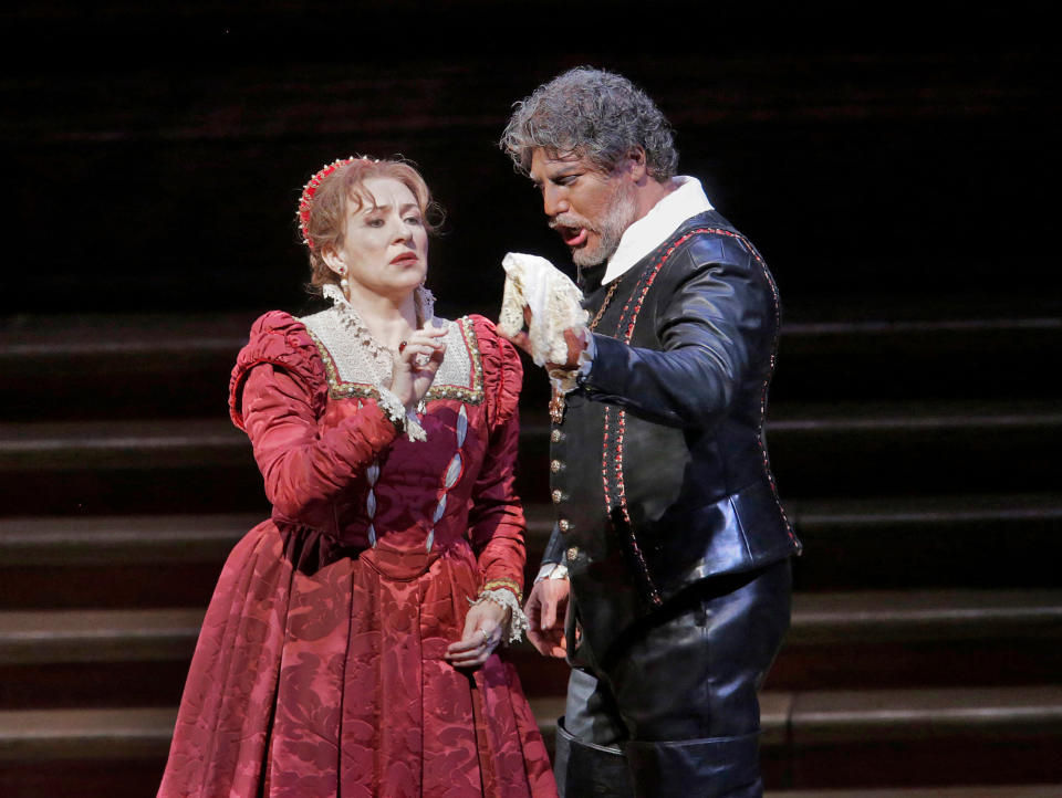 In this March 11, 2013 photo provided by the Metropolitan Opera, Krassimira Stoyanova is in the role of Desdemona opposite Jose Cura in the title role during a performance of of Verdi's "Otello," at the Metropolitan Opera in New York. (AP Photo/Ken Howard)