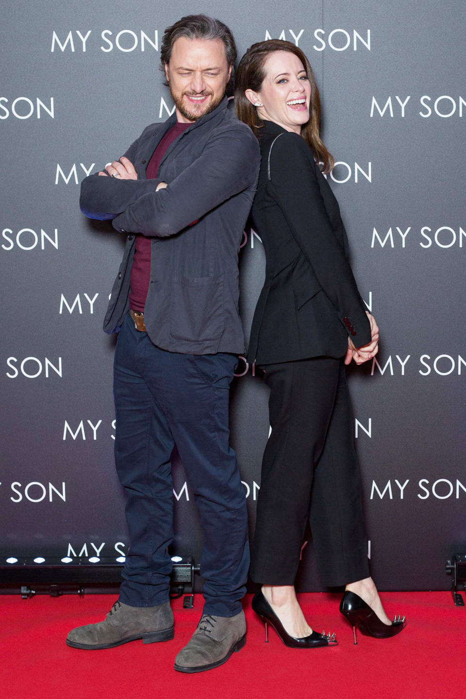 <p>James McAvoy and Claire Foy have each other's backs at the premiere of <em>My Son</em> at Cinema Gaumont Marignan on Oct. 14 in Paris.</p>