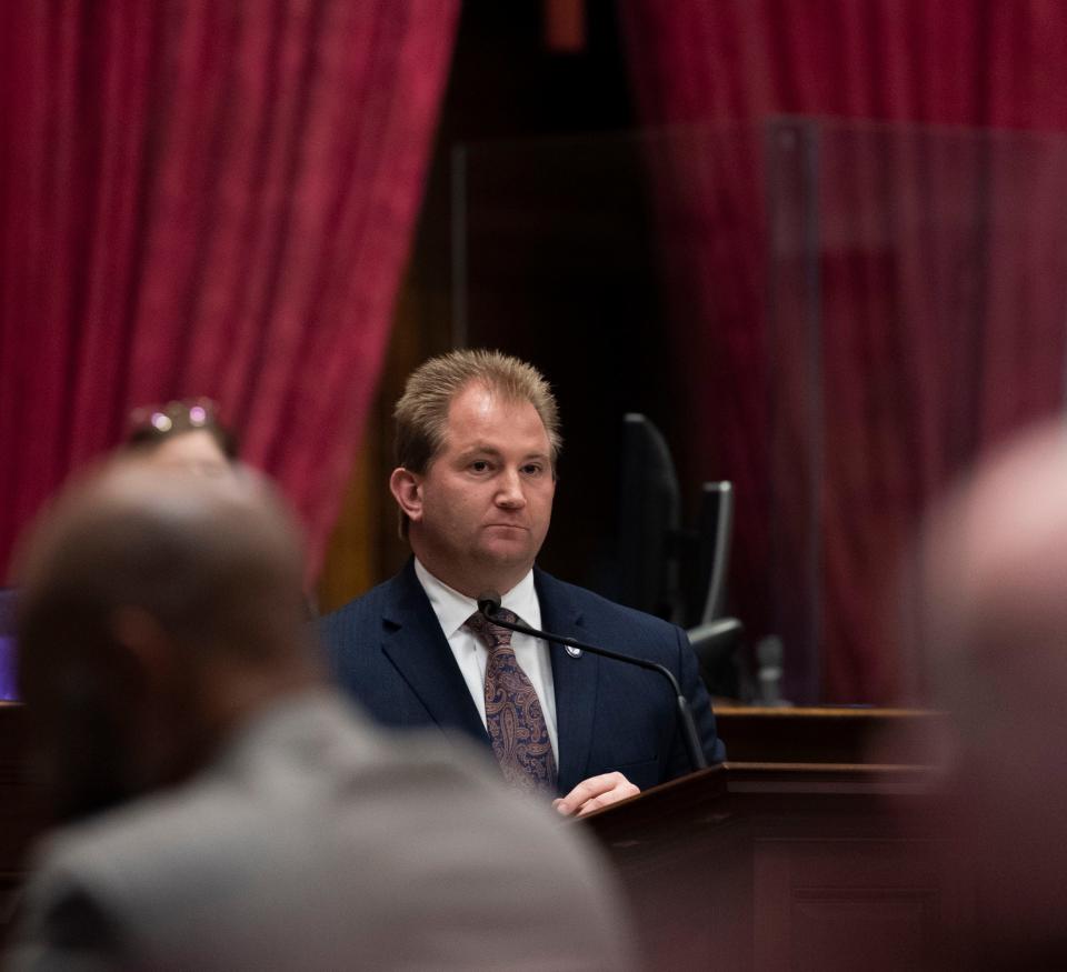 Bill sponsor and House Majority Leader Rep. William Lamberth, R-Portland, listens to the concerns from other representatives over a bill that would limit councils at 20 members for city and metropolitan governments at the State Capitol Building in Nashville , Tenn., Monday, March 6, 2023. The House passed the measure 72-25.