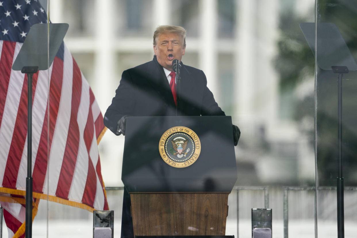 President Donald Trump speaks during a rally protesting the electoral college certification of Joe Biden as President in Washington, Jan. 6, 2021. (AP)