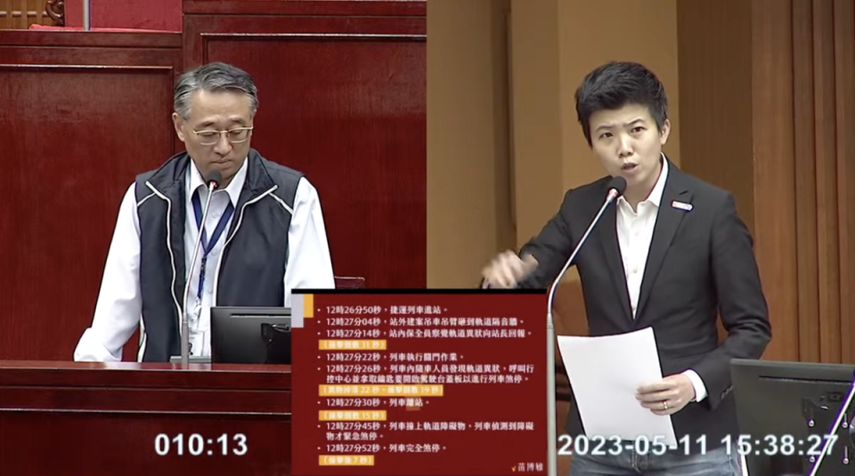 台北市議員苗博雅質詢台北捷運總經理黃清信。   圖：翻攝直播畫面