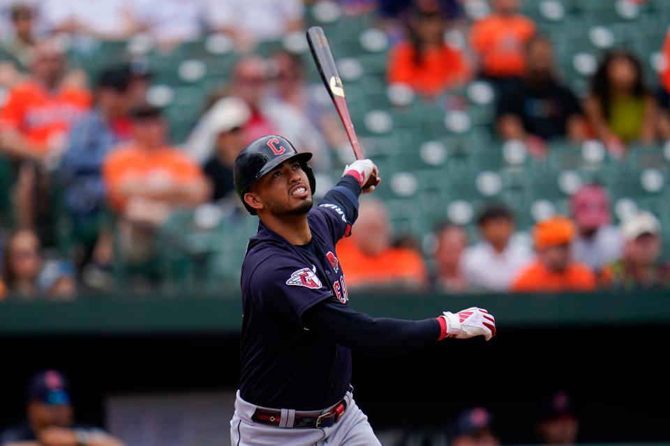 Cleveland Guardians' Gabriel Arias follows through on a swing against the Baltimore Orioles during the first inning of a baseball game, Monday, May 29, 2023, in Baltimore. (AP Photo/Julio Cortez)