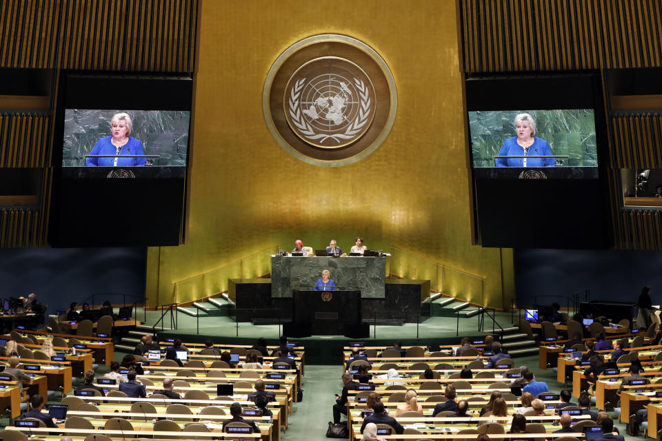 Norway's Prime Minister Erna Solberg addresses the 74th session of the United Nations General Assembly, Friday, Sept. 27, 2019. (AP Photo/Richard Drew)