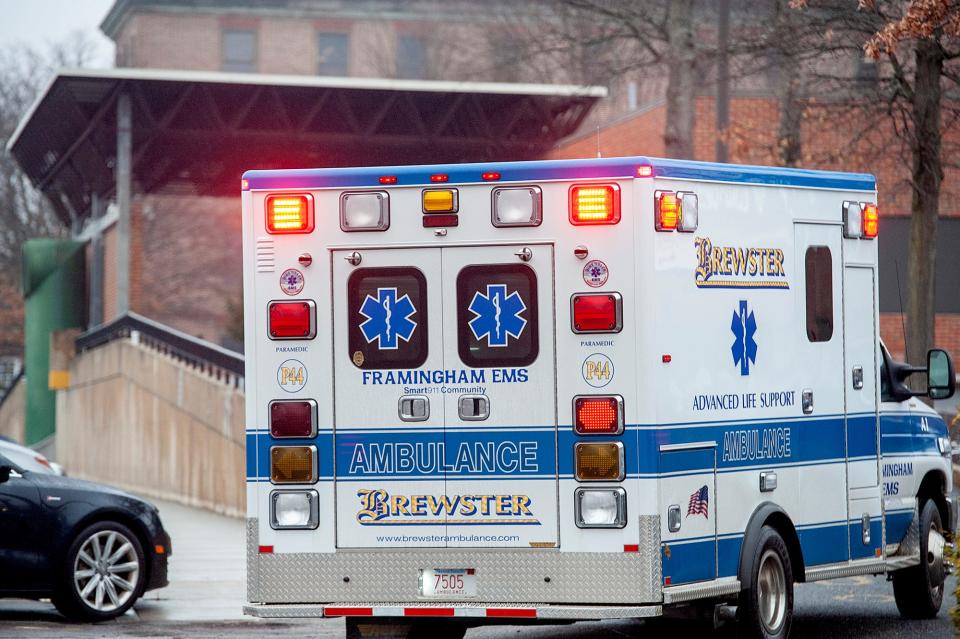 An ambulance is shown arriving at Framingham Union Hospital, MetroWest Medical Center, Jan. 12, 2023.