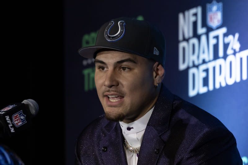 Pass rusher Laiatu Latu, a first-round pick Indianapolis Colts, speaks to reporters at the 2024 NFL Draft on Thursday in Detroit. Photo by Rena Laverty/UPI