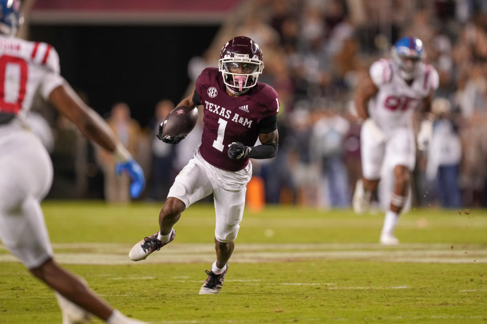 Oct 29, 2022; College Station, Texas; Texas A&M Aggies wide receiver Evan Stewart (1) runs the ball against the Mississippi Rebels in the second half at Kyle Field. Daniel Dunn-USA TODAY Sports