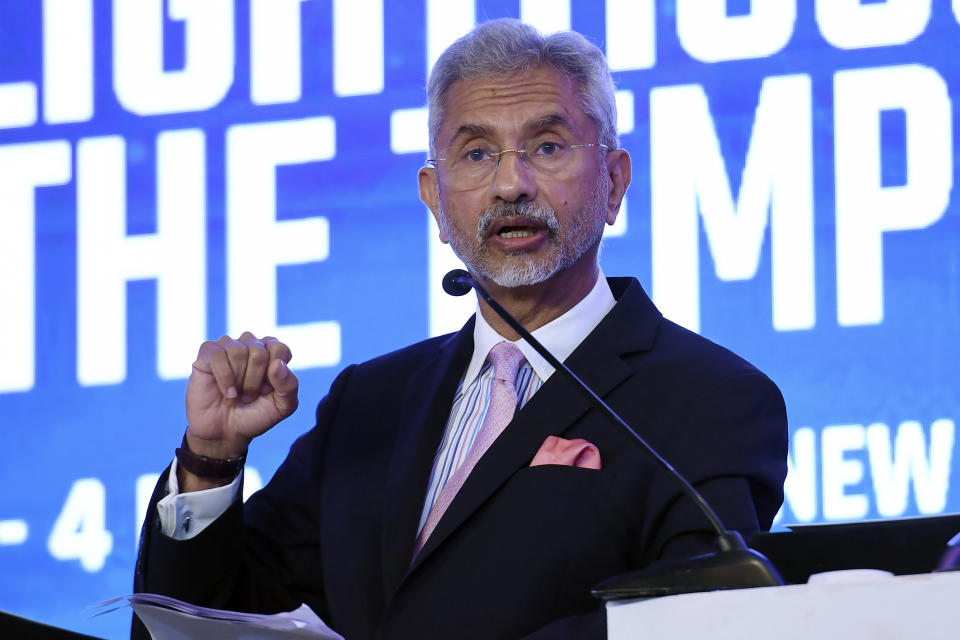 Indian Foreign Minister Subrahmanyam Jaishankar speaks during a Quad ministers' panel at the Taj Palace Hotel in New Delhi Friday, March 3, 2023. (Olivier Douliery/Pool Photo via AP)