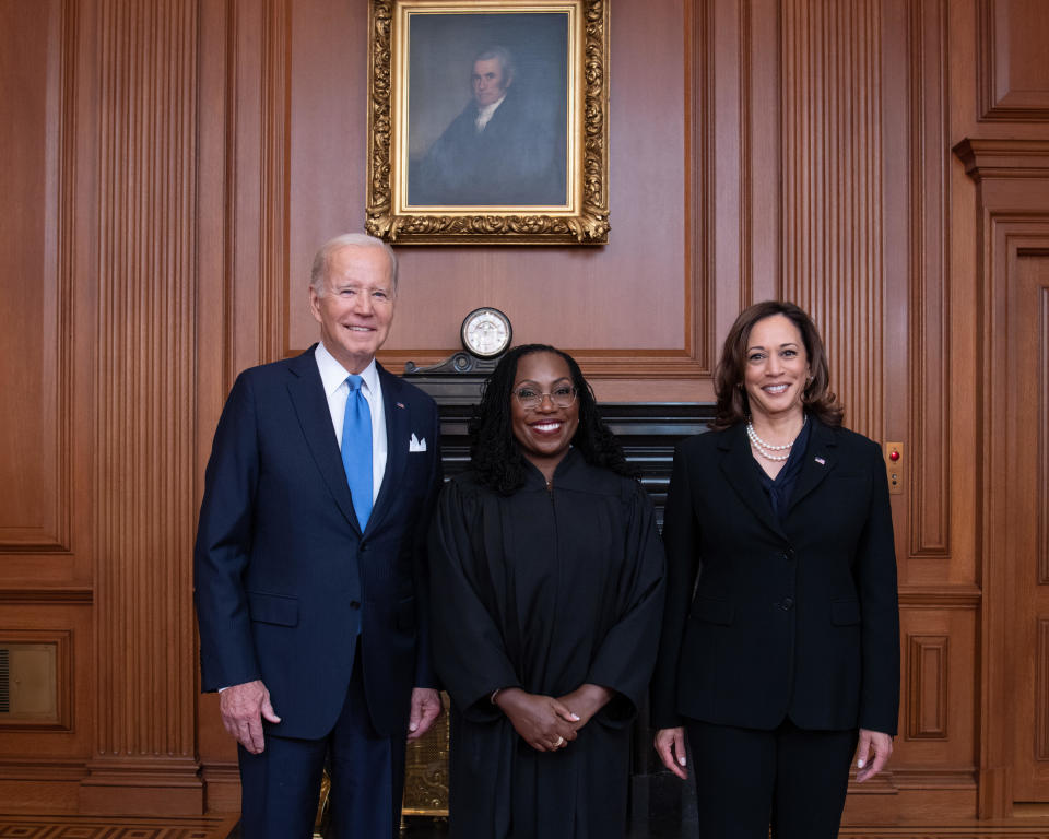 The Supreme Court held a special sitting on September 30, 2022, for the formal investiture ceremony of Associate Justice Ketanji Brown Jackson. President Biden and Vice President Harris attended. / Credit: Collection of the Supreme Court of the United States