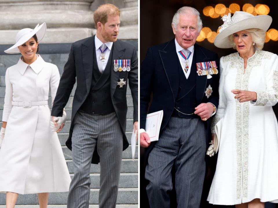 A split image of Meghan Markle and Prince Harry (left) and then-Prince Charles and Camilla at the Queen's Platinum Jubilee National Service of Thanksgiving in June 2022.