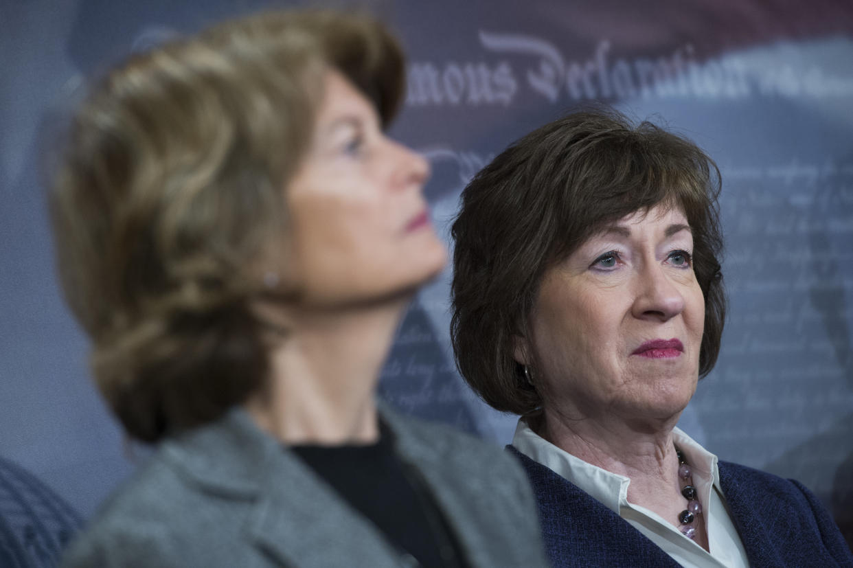 Sens. Susan Collins (R-Maine), right, and Lisa Murkowski (R-Alaska) are considered swing votes for the confirmation of Supreme Court nominee Brett Kavanaugh. (Photo: Tom Williams via Getty Images)