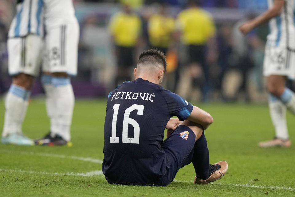 Croatia's Bruno Petkovic reacts at the end of the World Cup semifinal soccer match between Argentina and Croatia at the Lusail Stadium in Lusail, Qatar, Tuesday, Dec. 13, 2022. Argentina won 3-0. (AP Photo/Frank Augstein)