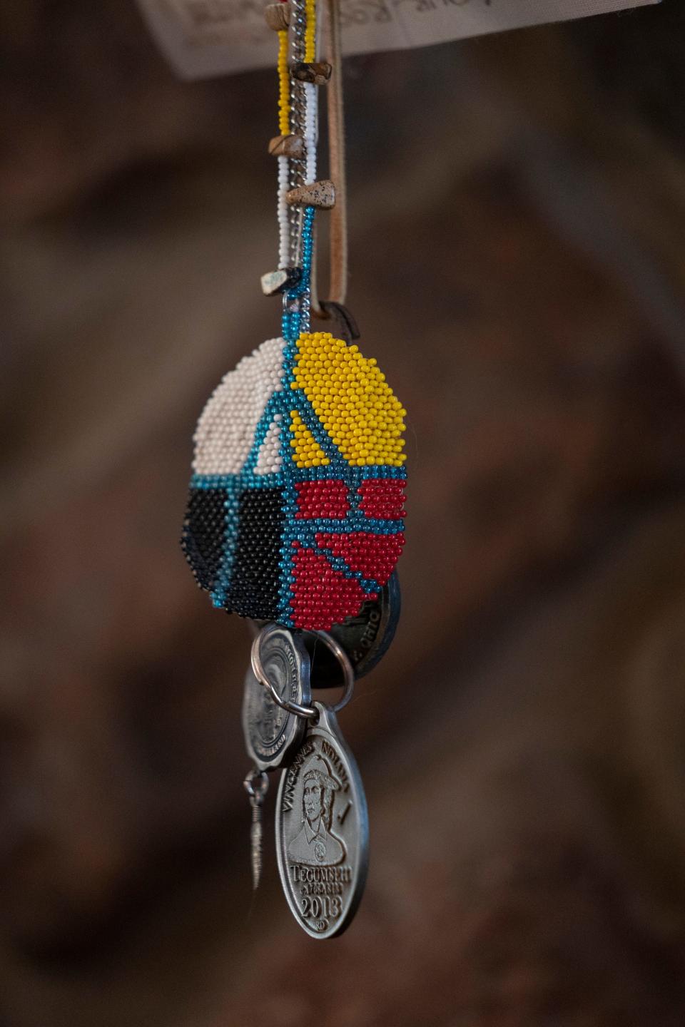 A beaded piece that represents the United Remnant Band of Shawnee Nation. Owned by Dark Rain Thom, who says she's a Shawnee descendant and who tried to gain federal tribal recognition for the group, which is based in Ohio. The tribe is unrecognized federally but successfully sought some validation from the state legislature in Ohio.