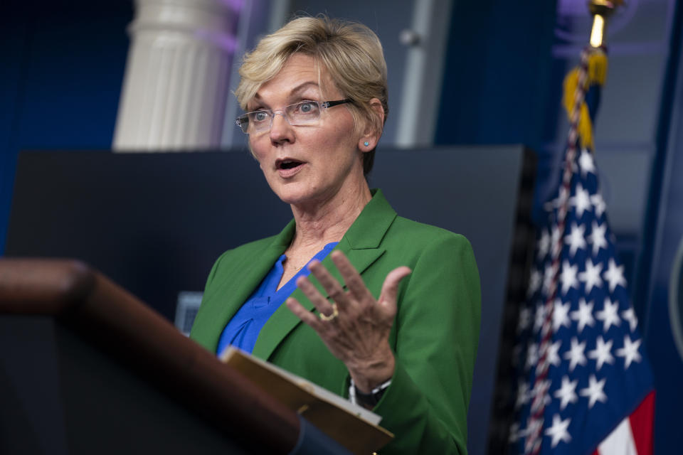 Energy Secretary Jennifer Granholm speaks during a press briefing at the White House, Tuesday, May 11, 2021, in Washington. (AP Photo/Evan Vucci)