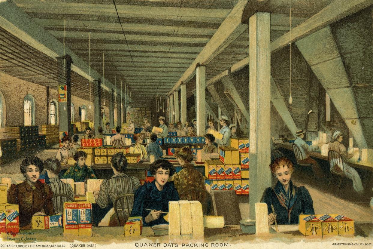 View of female workers packing boxes of oats for the Quaker Oats brand company, Chicago, 1890s.