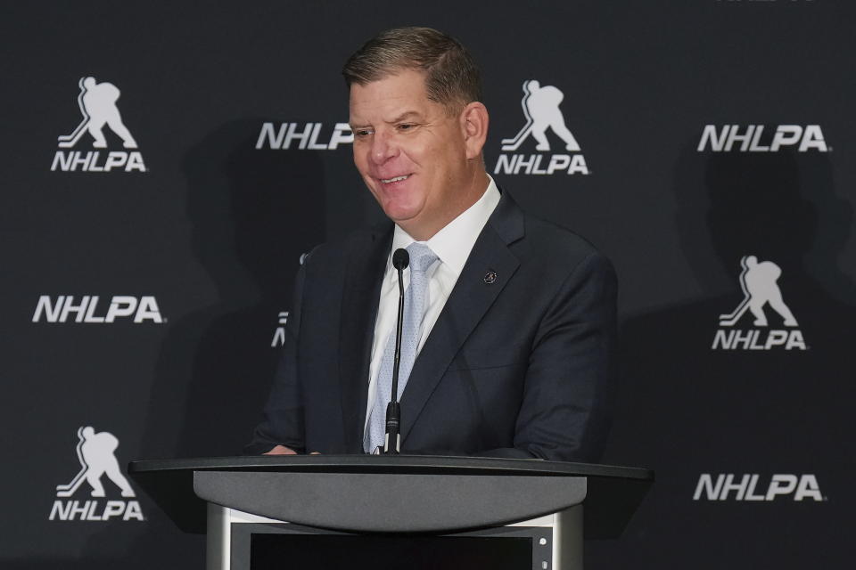 Former U.S. Secretary of Labor Martin Walsh, the new head of the NHL Players' Association, speaks at a hockey press conference in Toronto, Thursday, March 30, 2023. (Nathan Denette/The Canadian Press via AP)