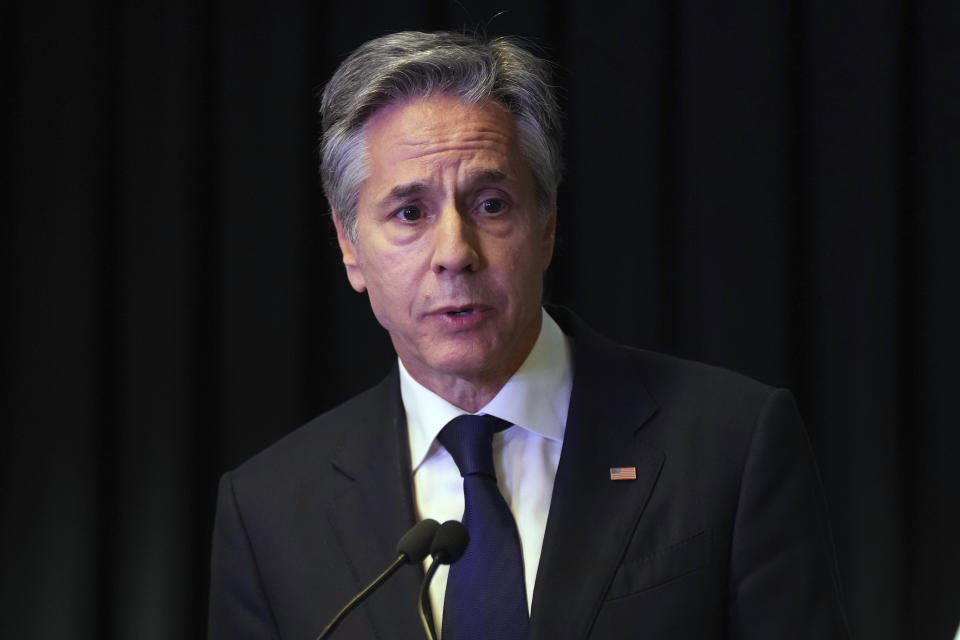 U.S. Secretary of State Antony Blinken speaks during a press conference at the U.S. Embassy in China, Friday, April 26, 2024, in Beijing, China. (AP Photo/Tatan Syuflana)