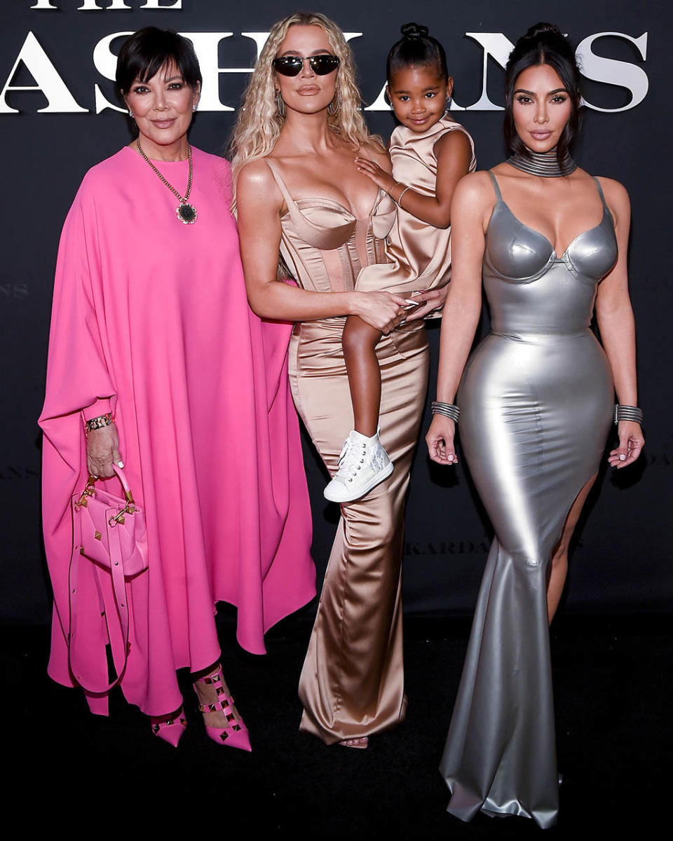 (From left to right) Kris Jenner, Khloe Kardashian, True Thompson and Kim Kardashian at the Los Angeles Premiere Of Hulu’s ‘The Kardashians’ held at Goya Studios on April 7, 2022. - Credit: Hulu via Image Press Agency/Spla