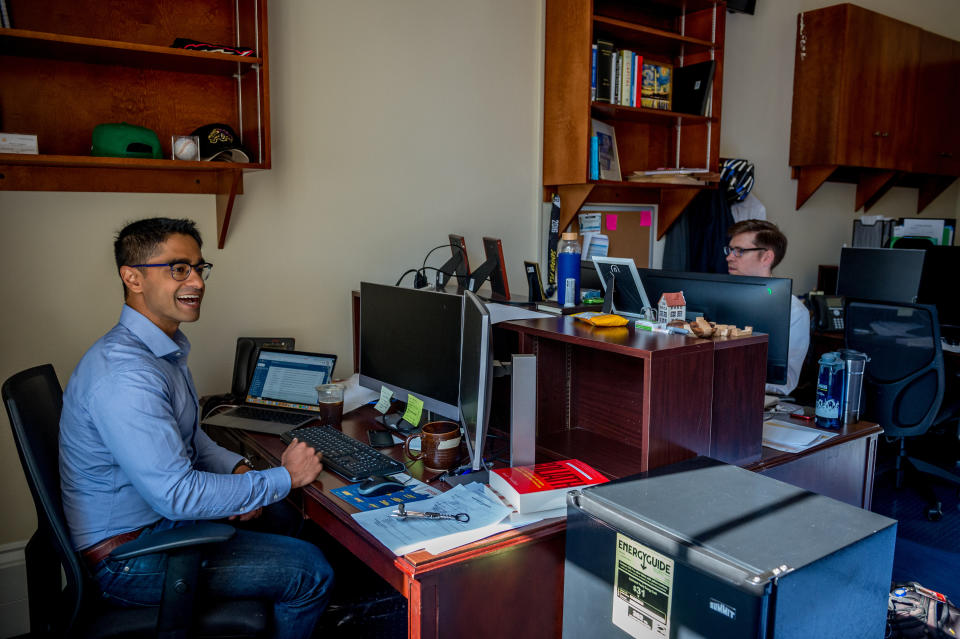 Saikat Chakrabarti, Chief of Staff for Rep. Alexandria Ocasio-Cortez, D-NY works with staff in his office in the Cannon House Office Building on June 26, 2019 in Washington, DC.  (Mary F. Calvert For The Washington Post via Getty Images)