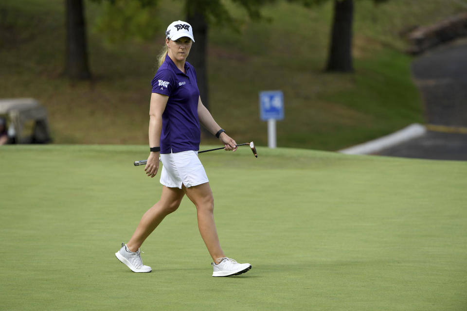 Austin Ernst walks across the 14th green during the final round of the LPGA Walmart NW Arkansas Championship golf tournament, Sunday, Aug. 30, 2020, in Rogers, Ark. (AP Photo/Michael Woods)