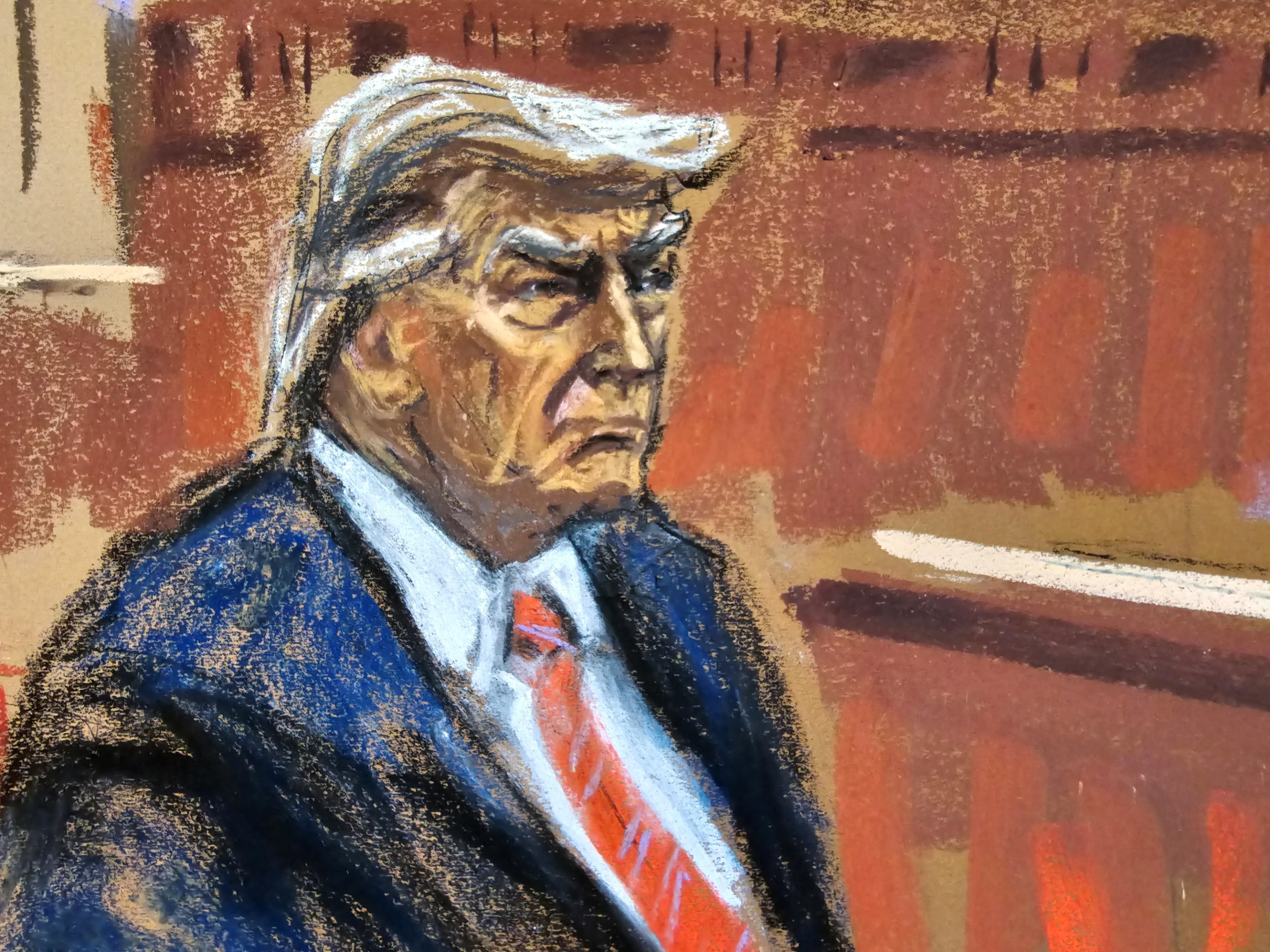 Trump listens as the final jurors are sworn in on April 19. (Jane Rosenberg/Reuters)