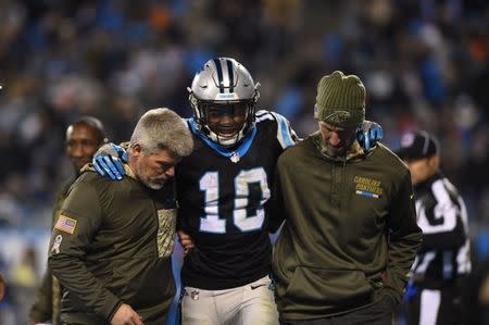 Nov 13, 2017; Charlotte, NC, USA; Carolina Panthers wide receiver Curtis Samuel (10) is helped off the field in the third quarter at Bank of America Stadium. Mandatory Credit: Bob Donnan-USA TODAY Sports