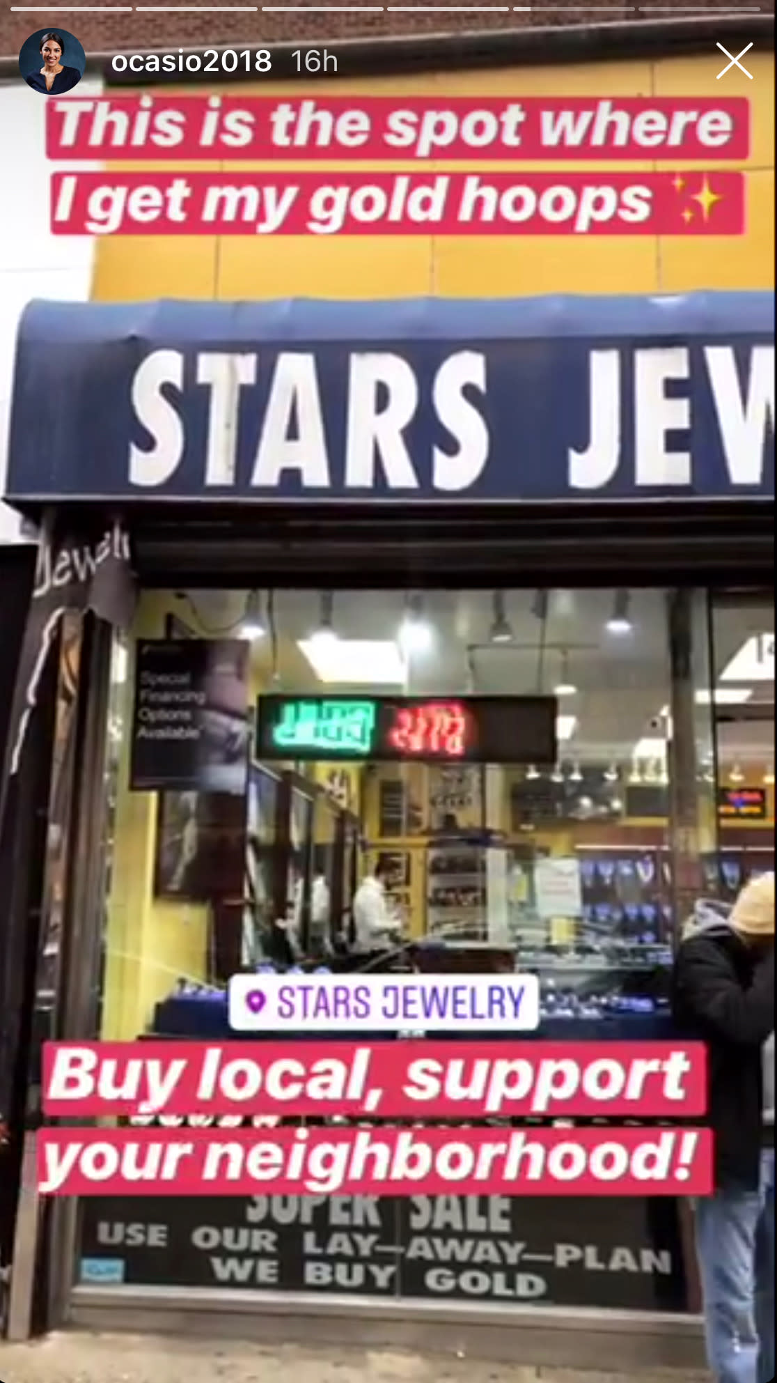Rep. Ocasio-Cortez posted a video showing where she bought her gold hoops in the Bronx. (Photo: Alexandria Ocasio-Cortez via Instagram)