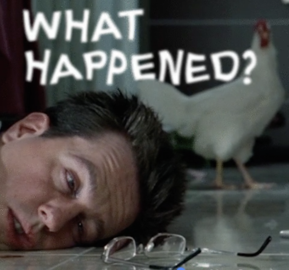 a man laying on the ground with the text, "what happened?"