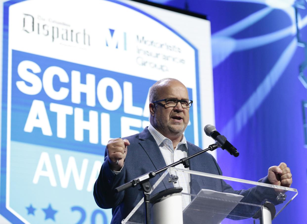 Dispatch Sports Editor Ray Stein greets scholar athletes, their families and guests during the Scholar Athlete Awards presented by The Columbus Dispatch and Motorists Insurance Group on Wednesday, June 5, 2019 at the Greater Columbus Convention Center in Columbus, Ohio. [Joshua A. Bickel/Dispatch]