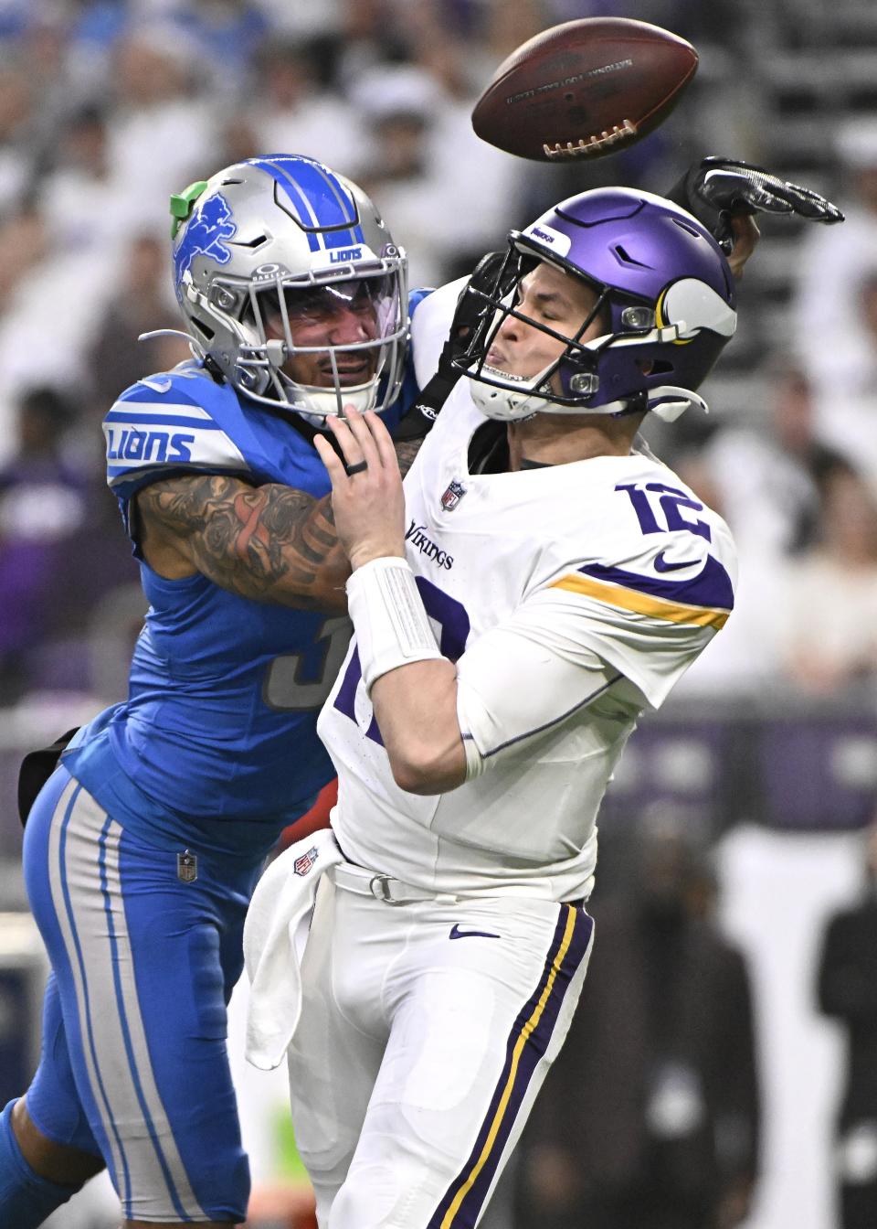 Vikings quarterback Nick Mullens attempts a pass against the Lions during the second quarter on Sunday, Dec. 24, 2023, in Minneapolis.