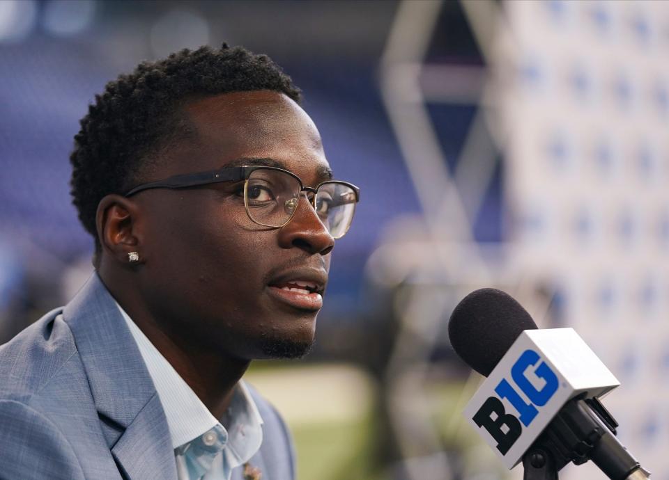 Michigan cornerback Mike Sainristil speaks to the media during Big Ten media days on Thursday, July 27, 2023, in Indianapolis.