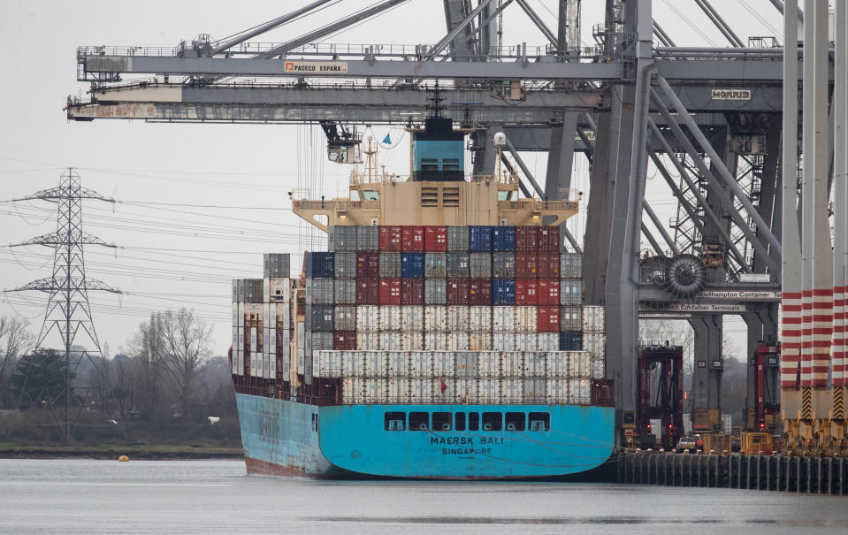 The container ship Maersk Bali has containers unloaded whilst at berth at DP World container terminal in Southampton Docks. (Photo by Andrew Matthews/PA Images via Getty Images)