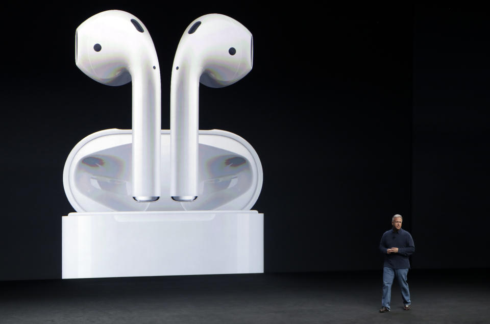 File - Phil Schiller, then Apple's senior vice president of worldwide marketing, talks about AirPods during an event to announce new products on Wednesday, Sept. 7, 2016, in San Francisco. The AirPods helped popularize wireless headphones with an Apple chip that provided more reliable and stable connections with devices while making it easy to shift from one gadget to another. (AP Photo/Marcio Jose Sanchez, File)