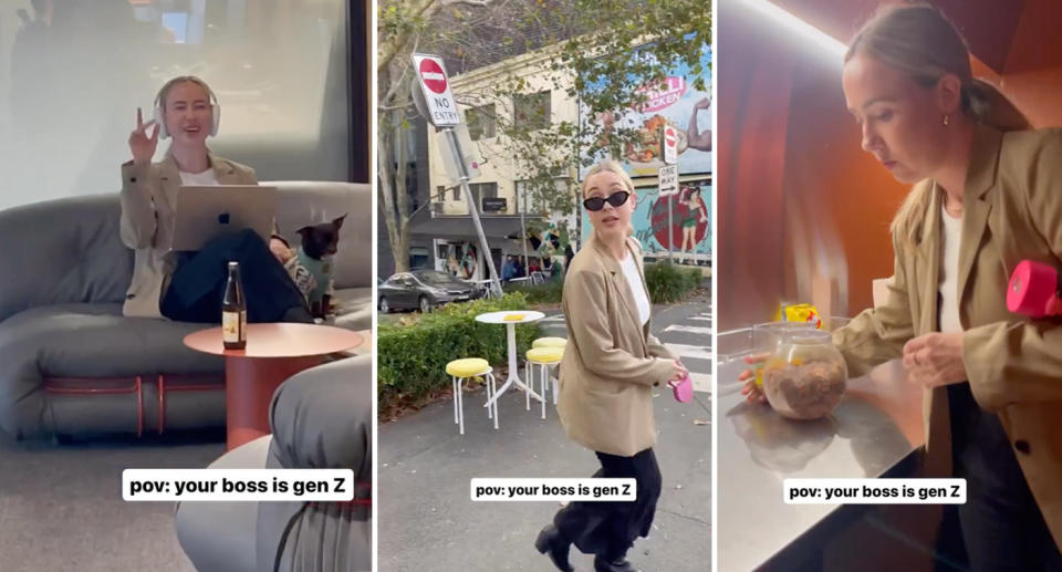 Screenshots from a TikTok by Milly Bannister about being a Gen Z boss.