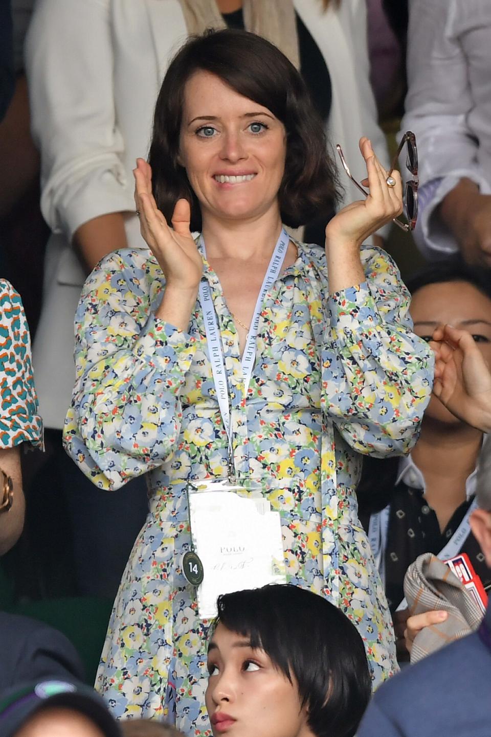 LONDON, ENGLAND - JULY 14: Claire Foy on Centre Court on Men's Finals Day of the Wimbledon Tennis Championships at All England Lawn Tennis and Croquet Club on July 14, 2019 in London, England. (Photo by Karwai Tang/Getty Images) (Photo by Karwai Tang/Getty Images)