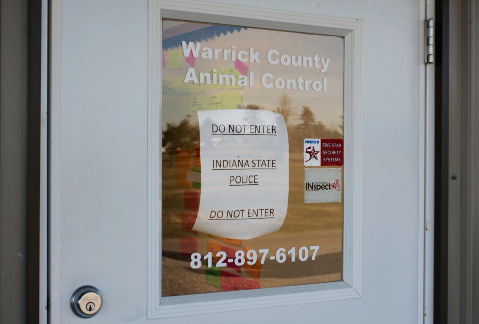 A sign taped to the Warrick County Animal Control Department's shelter in Boonville Friday, Dec. 15, 2023, reads, "DO NOT ENTER. INDIANA STATE POLICE. DO NOT ENTER."