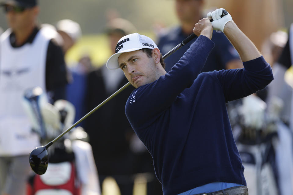 Patrick Cantlay hits from the 11th tee during the final round of the Genesis Invitational golf tournament at Riviera Country Club, Sunday, Feb. 19, 2023, in the Pacific Palisades area of Los Angeles. (AP Photo/Ryan Kang)