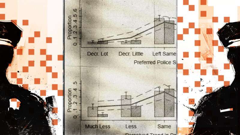 Two police officers are seen beside graphs examining racial attitudes toward policing