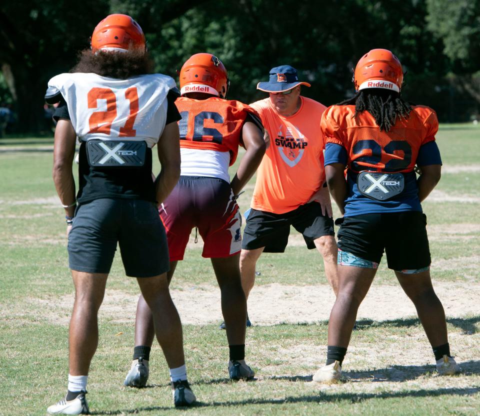 Escambia Head Coach Mike Bennett works with special teams on Thursday, Aug. 10, 2023, as the Gators prepare for the upcoming season. 