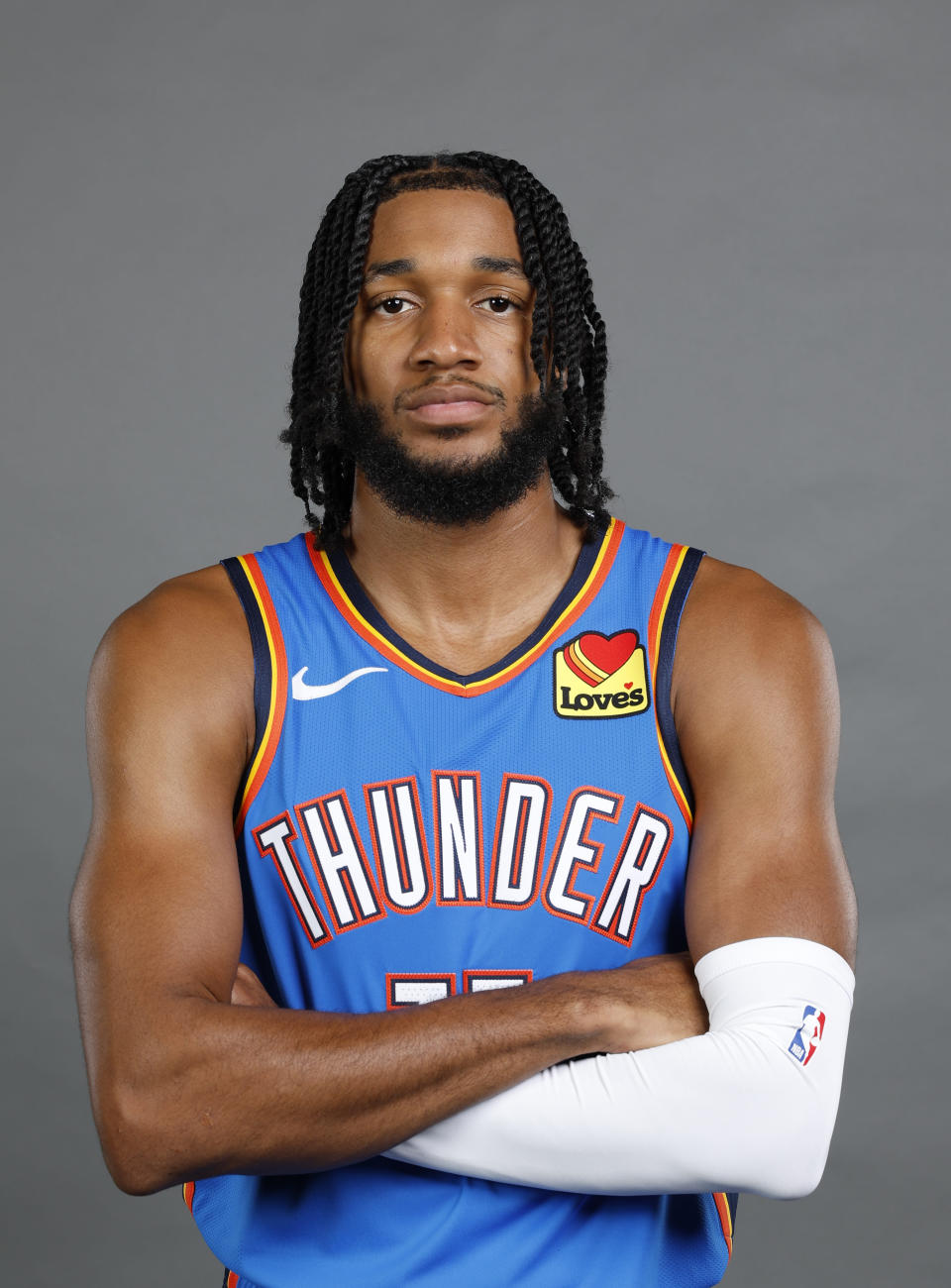 Oct 2, 2023; Oklahoma City, OK, USA; Oklahoma City Thunder guard <a class="link " href="https://sports.yahoo.com/nba/players/6441" data-i13n="sec:content-canvas;subsec:anchor_text;elm:context_link" data-ylk="slk:Isaiah Joe;sec:content-canvas;subsec:anchor_text;elm:context_link;itc:0">Isaiah Joe</a> (11) poses for a photo during media day at Oklahoma City Convention Center. Mandatory Credit: Alonzo Adams-USA TODAY Sports