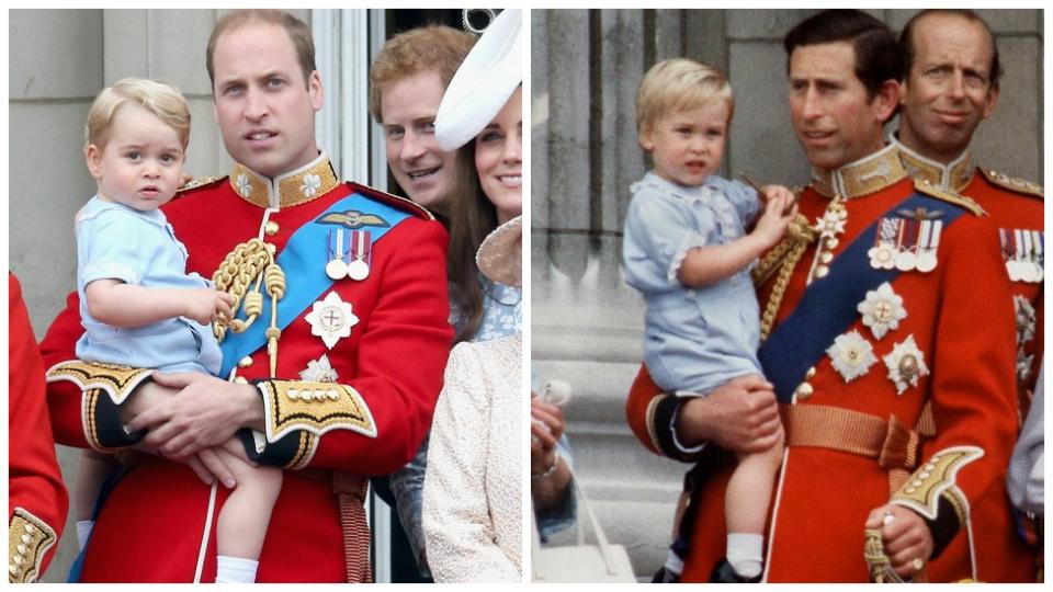 Prince George wore the same colour outfit to watch the Trooping of the colour in 2015 as his father had done in 1984. Photo: Getty Images