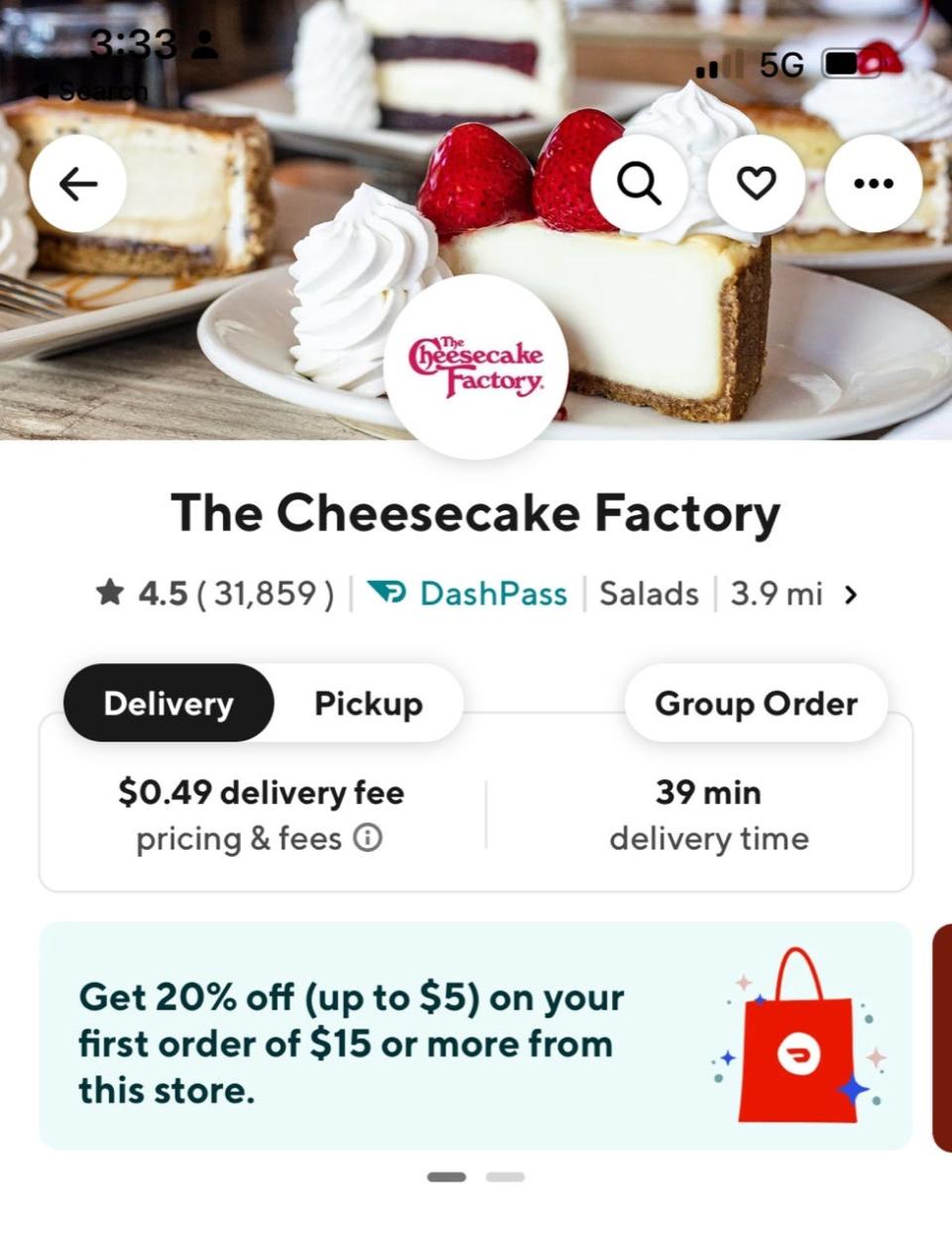 Cheesecake Factory on the DoorDash app