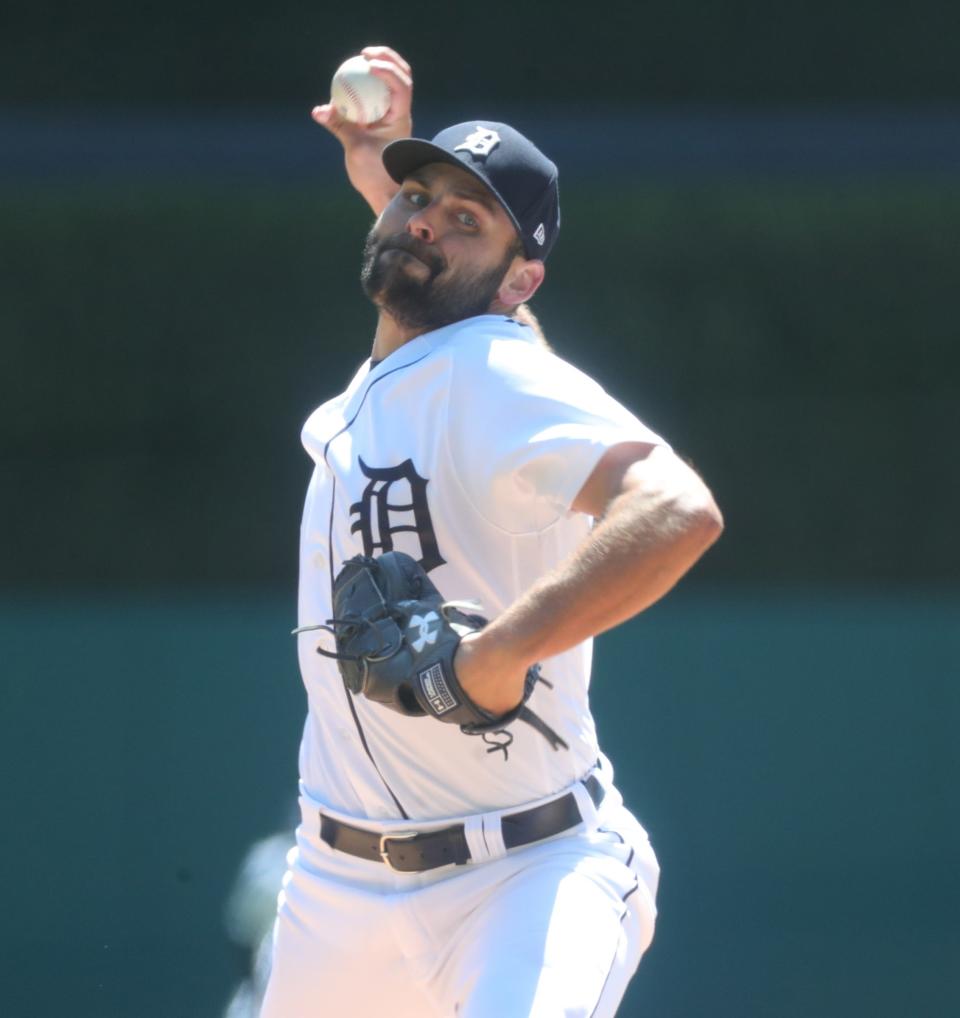 Tigers pitcher Michael Fulmer throws against the Royals on Sunday, April 25, 2021, at Comerica Park.
