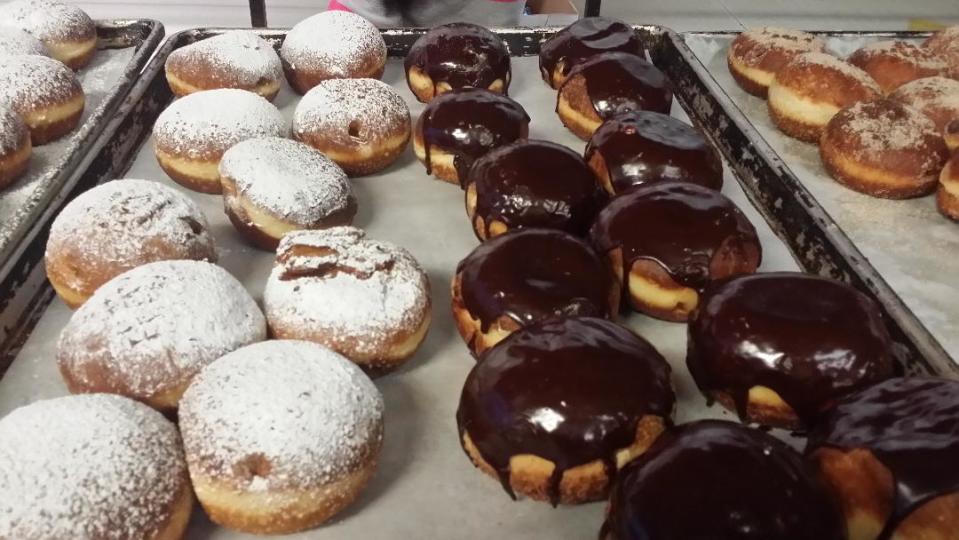 Large-sized home-baked zufganiyot at legendary Butterflake Bake Shop in Teaneck